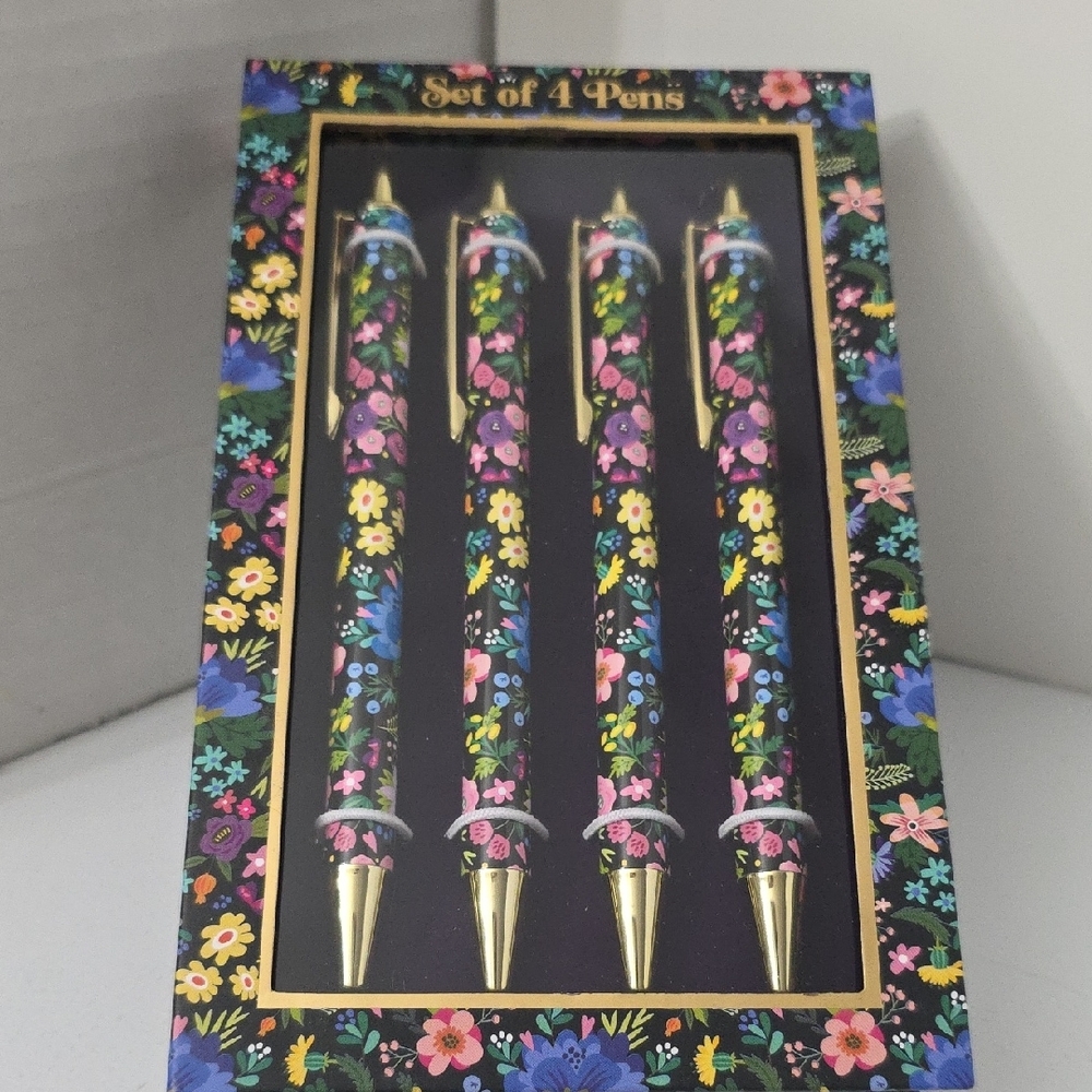 James Burke Black Floral Pen Set - Set of 4, NIB